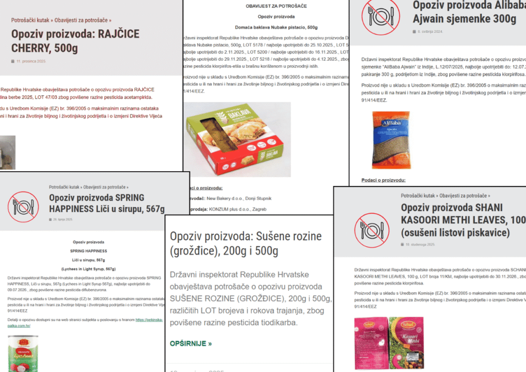 snimke zaslona sa stranica HAPIH-a koji su proizvodi opozvani zbog nedopuštene razine pesticida